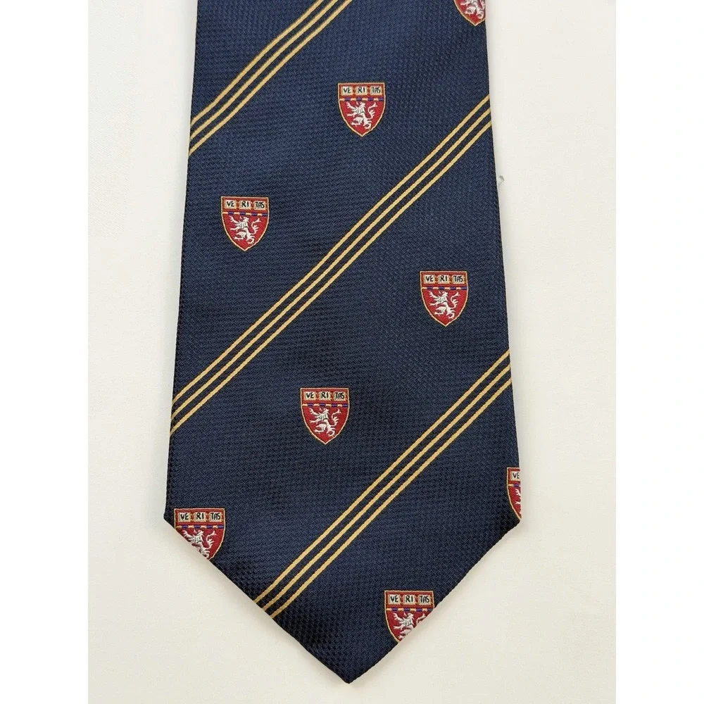 M. La Hart VTG Navy Blue Silk Harvard Striped Necktie Crest Pattern Made In USA